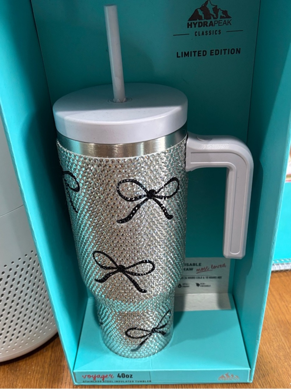 HydraPeak Silver Crystal Bow 40oz Travel Tumbler with Handle